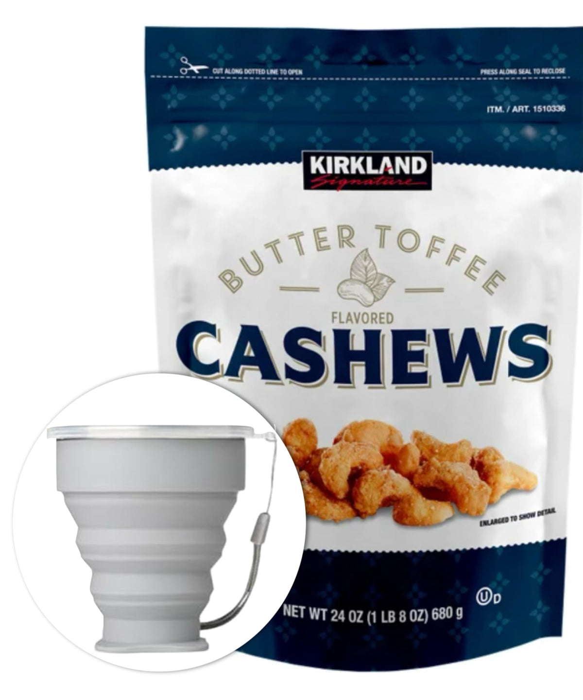 MORALZA bundle of Kirkland Butter Toffee Cashews and 200 ml cup, ideal for sharing.