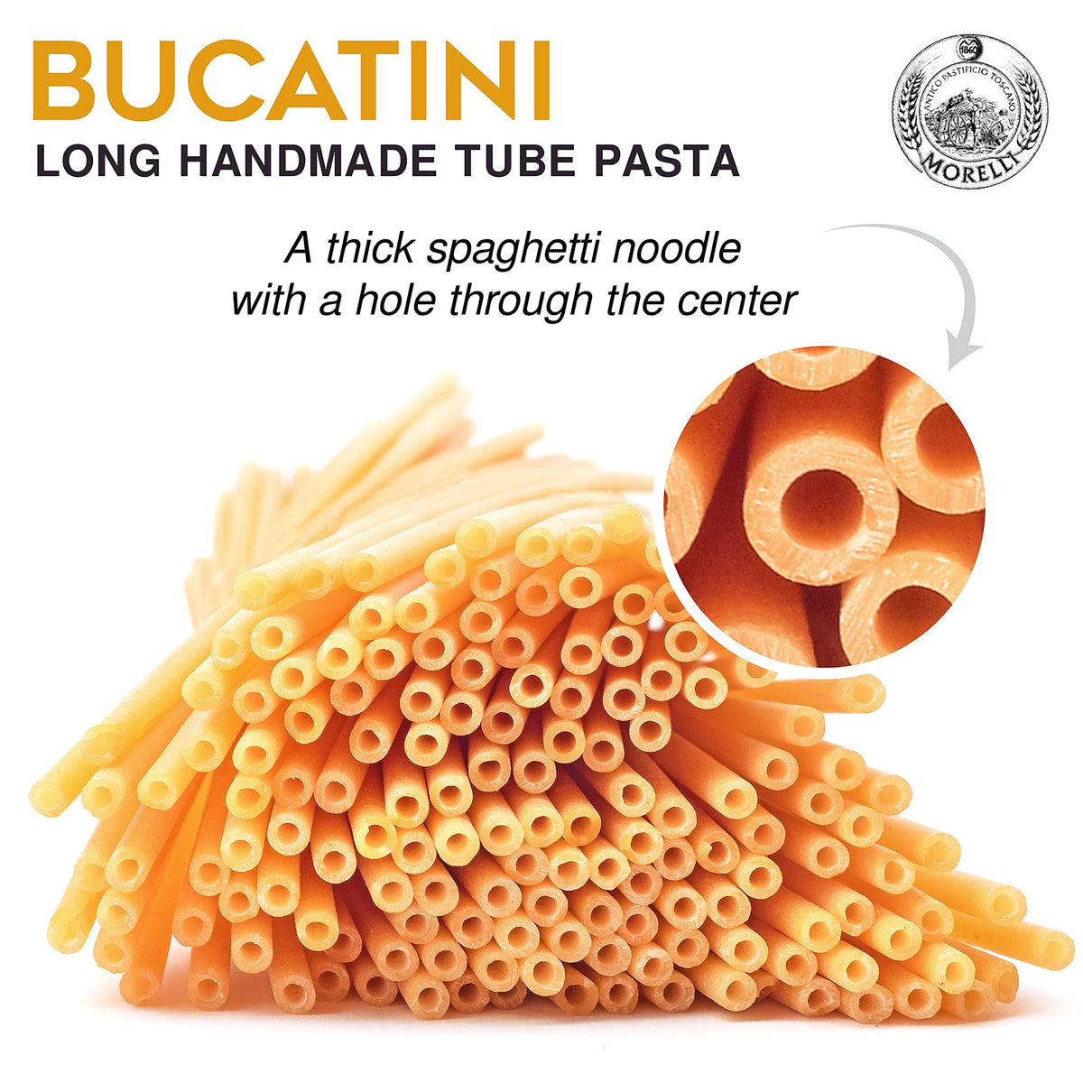 Morelli Bucatini pasta cooking pot close-up suggests even cooking and texture