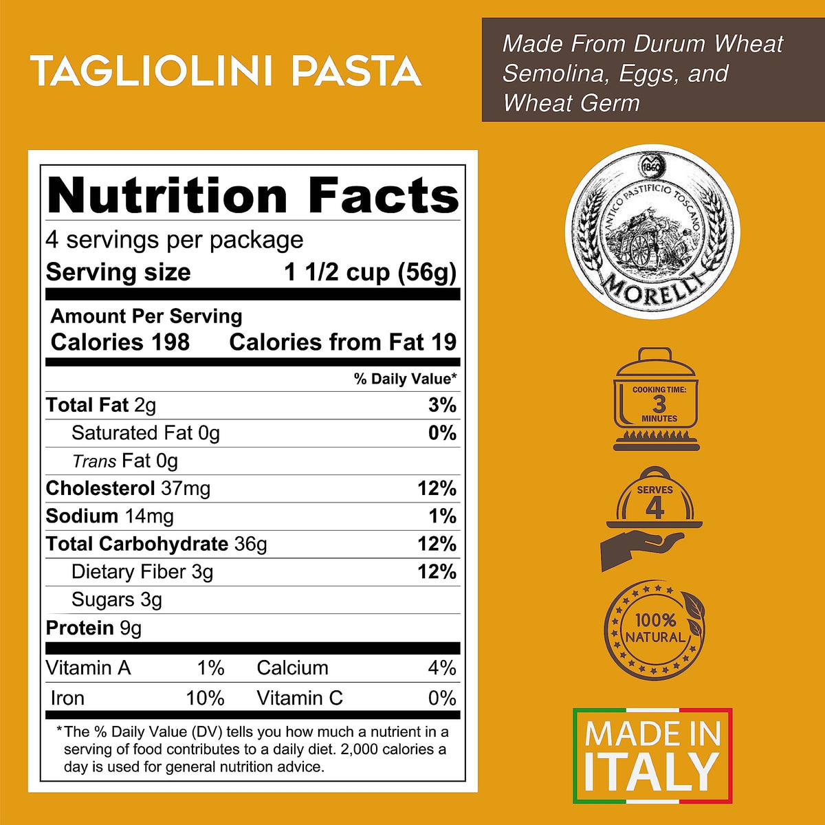 Morelli durum wheat semolina ingredients visible for wholesome pasta