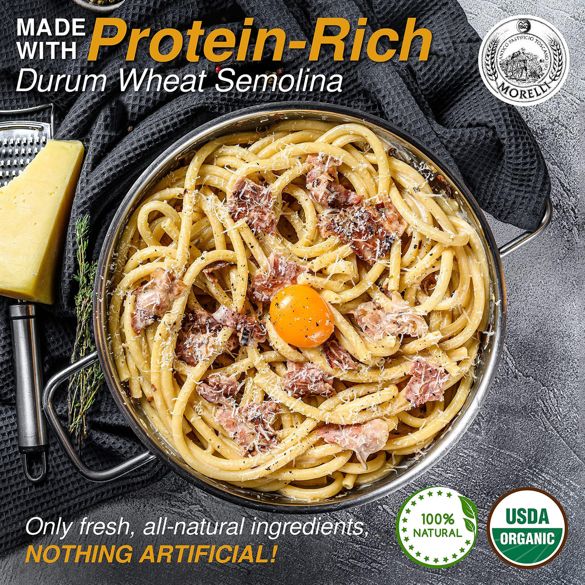 Morelli durum wheat semolina ingredients display authentic Italian pasta quality