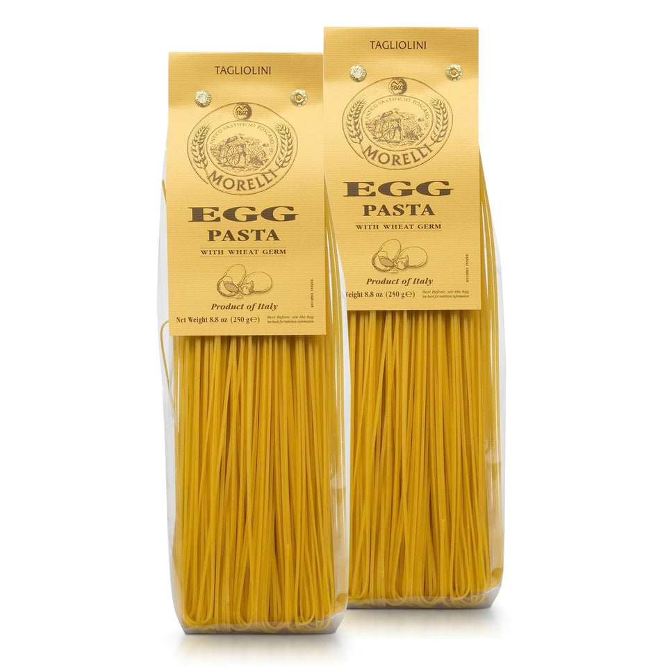 Morelli egg tagliolini close up showing delicate ribbons and rich egg flavor