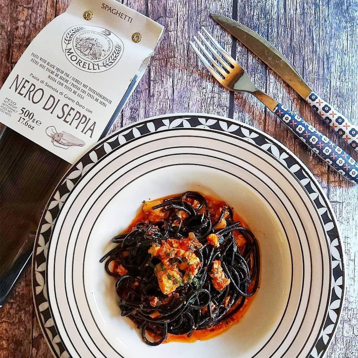 Morelli family-run pasta kitchen counter display of authentic Italian flavor.