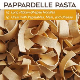 Morelli Organic Pappardelle on a rustic counter with olive oil.