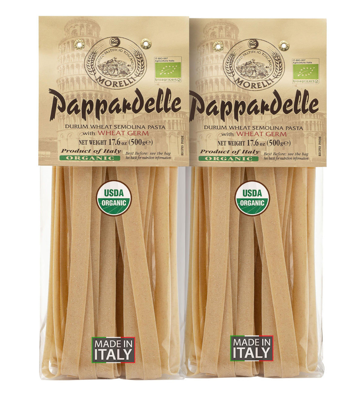 Morelli Organic Pappardelle Pasta with wide ribbons ideal for rich sauces.