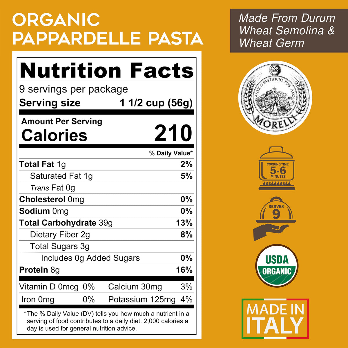 Morelli Organic Pappardelle with wheat germ adds nutty aroma and nutrition.