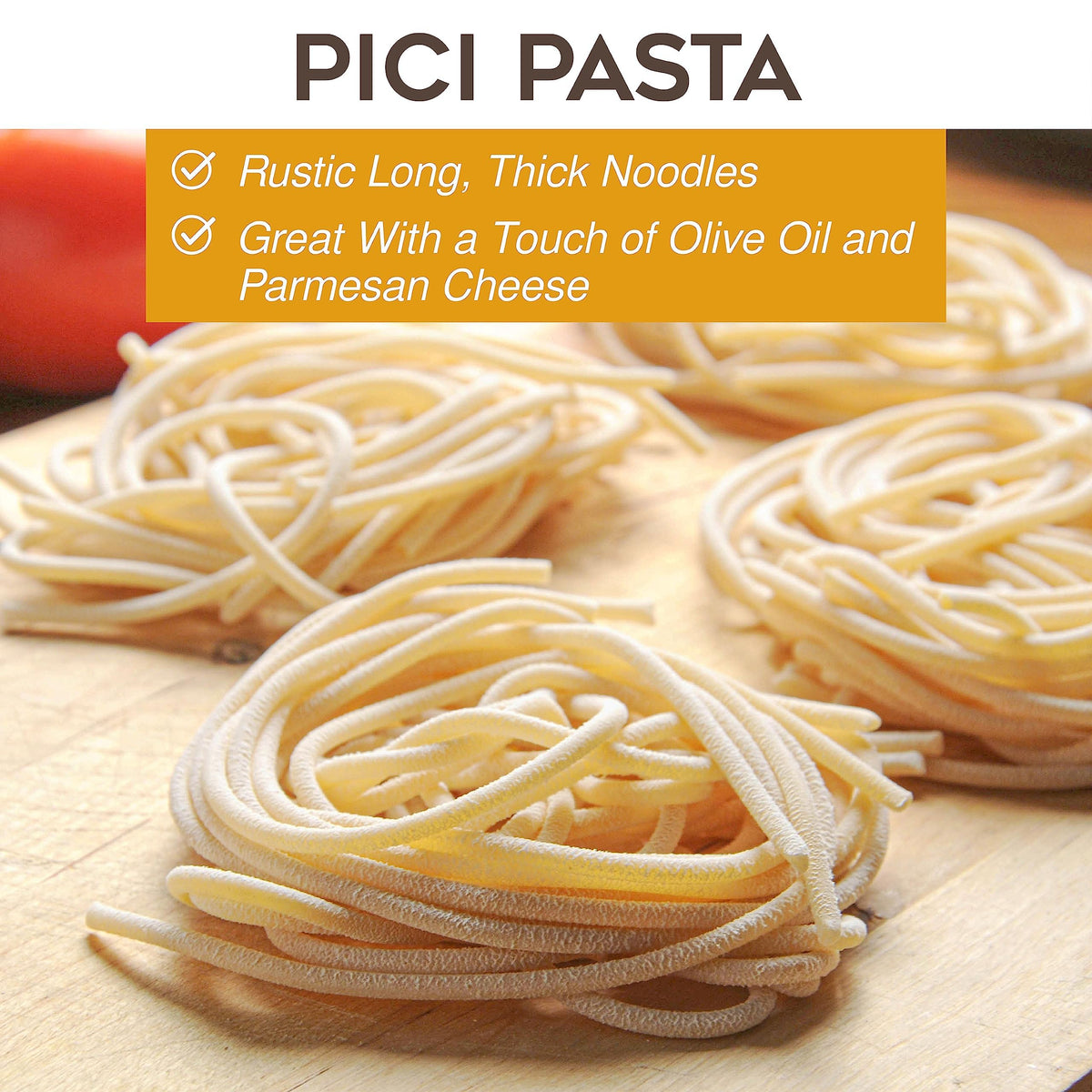 Morelli Pici organic pasta pack displayed, emphasizes Italian origin and organic quality