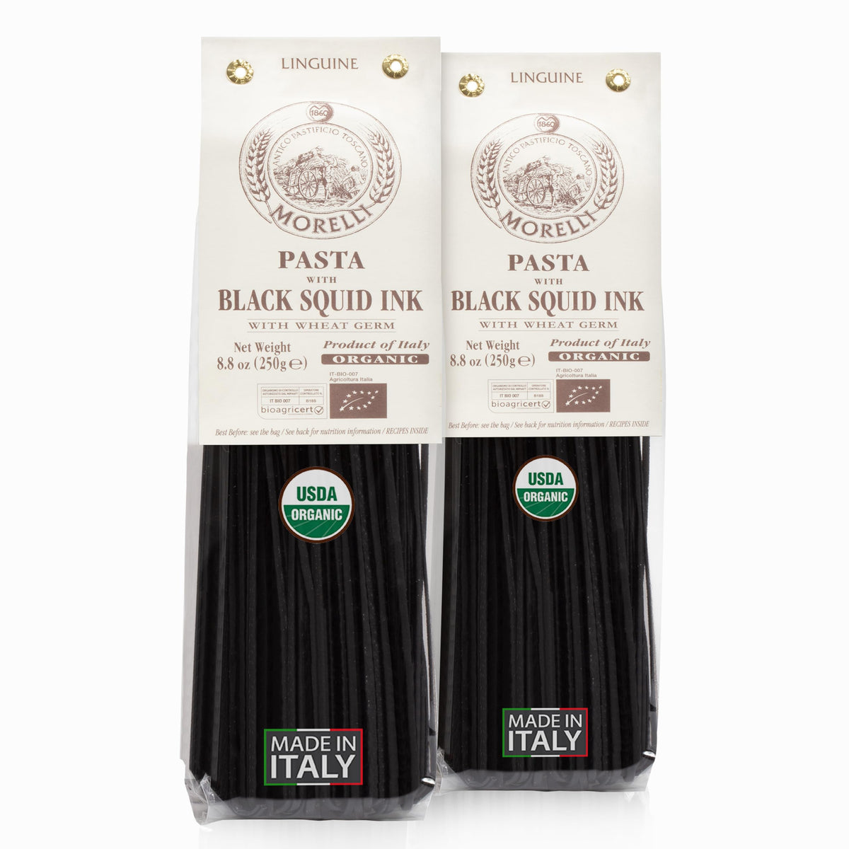 Morelli squid ink pasta linguine pack-2 with glossy ebony strands ready to cook.
