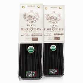 Morelli squid ink pasta linguine pack-2 with glossy ebony strands ready to cook.