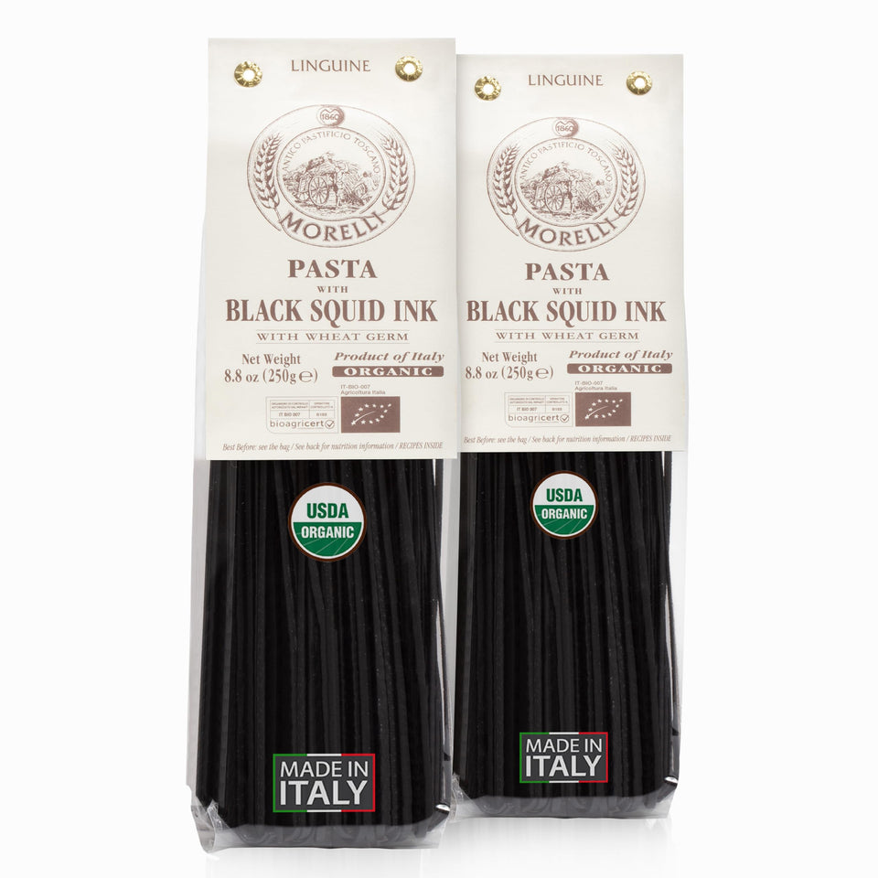 Morelli squid ink pasta linguine pack-2 with glossy ebony strands ready to cook.