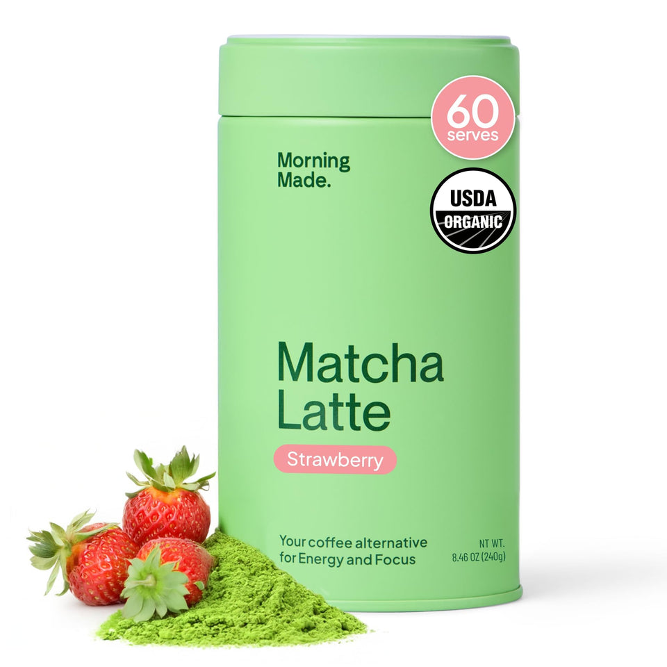 Morning Made strawberry matcha powder tin closeup, premium ceremonial grade for smooth energy.