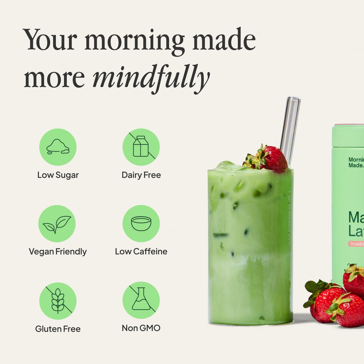 Morning Made ceremonial-grade matcha tin packaging with resealable lid for freshness.