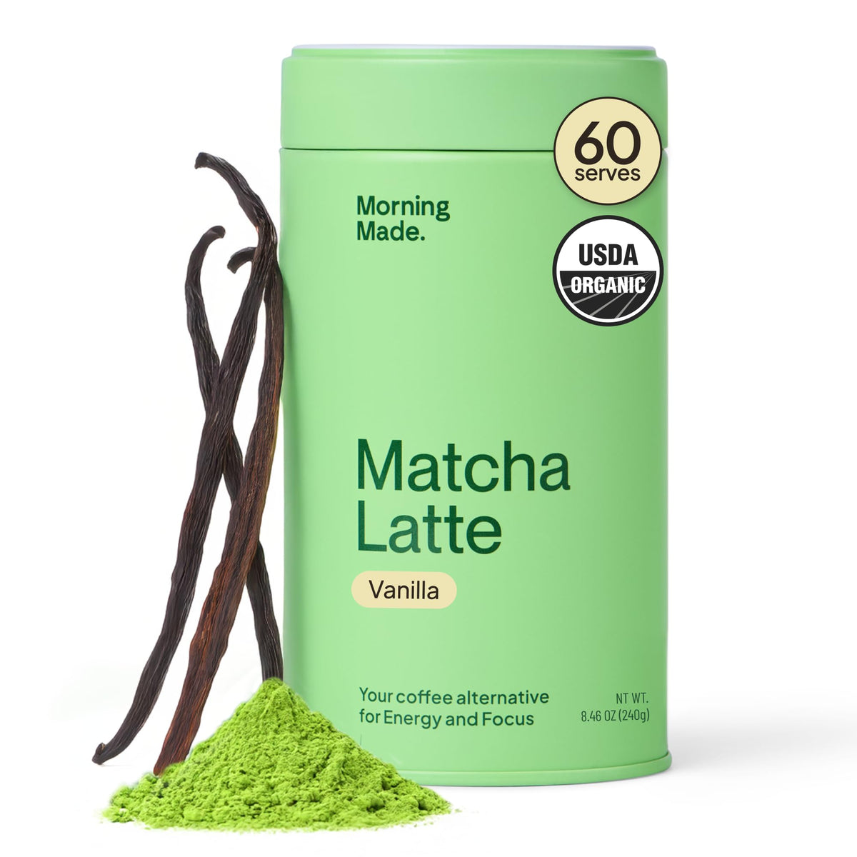 Morning Made Vanilla Matcha Tin closeup for daily ritual and focus