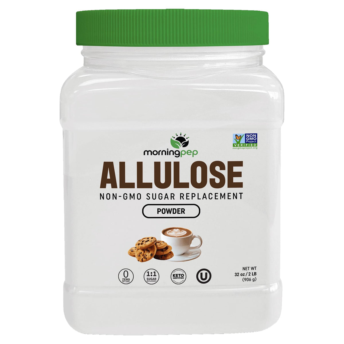 Morning Pep Allulose bottle pouring for zero-calorie sweetness in beverages