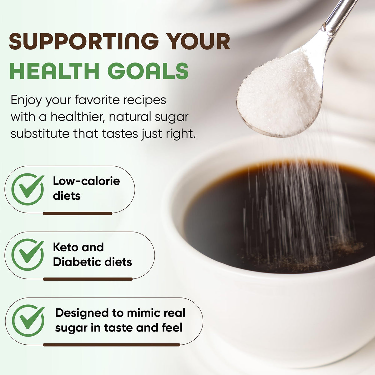 Morning Pep Allulose in a coffee cup highlighting sugar-like sweetness with zero calories