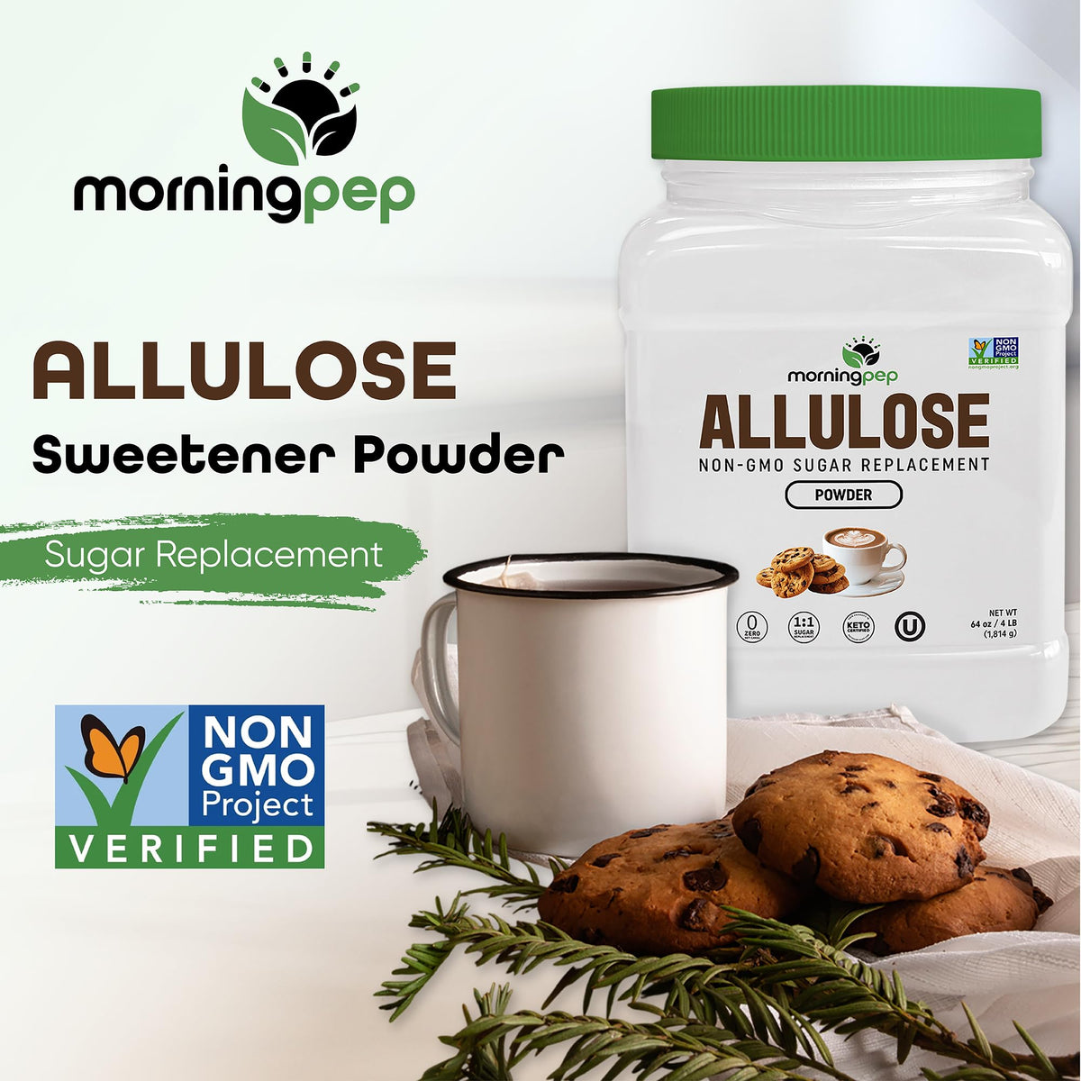 Morning Pep Allulose measuring spoon beside sugar jar, perfect for keto-friendly recipes.