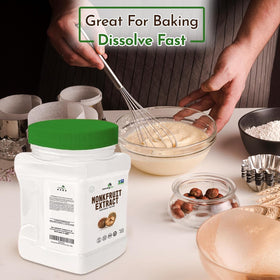 Compact, label-focused Morning Pep monk fruit powder container close-up