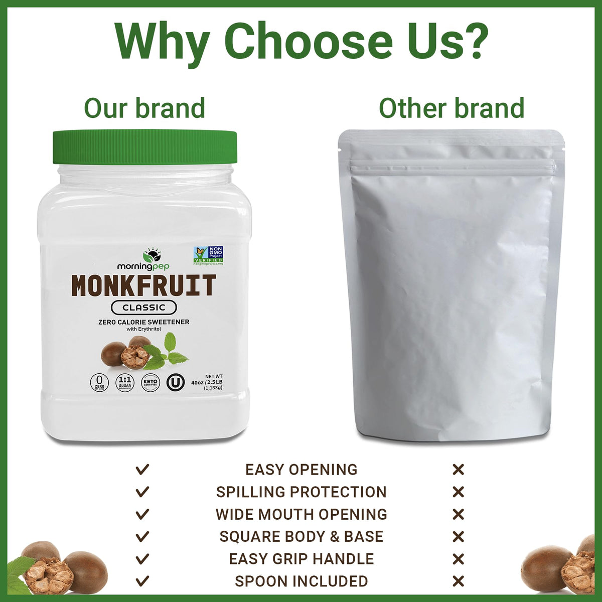 Morning Pep Monk Fruit Sweetener bottle pour enables easy 1:1 substitution in recipes