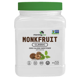 Morning Pep Monk Fruit Sweetener bottle shows zero calories for baking and beverages