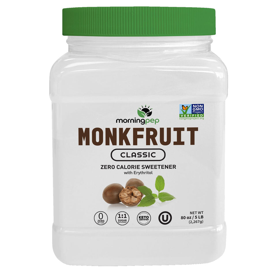 Morning Pep Monk Fruit Sweetener bottle shows zero calories for baking and beverages