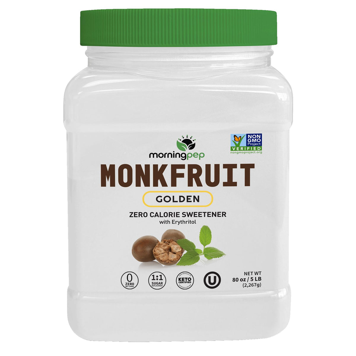 Morning Pep Monk Fruit Sweetener bottle delivers zero-calorie sweetness in coffee.