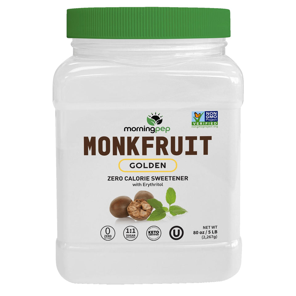 Morning Pep Monk Fruit Sweetener bottle delivers zero-calorie sweetness in coffee.