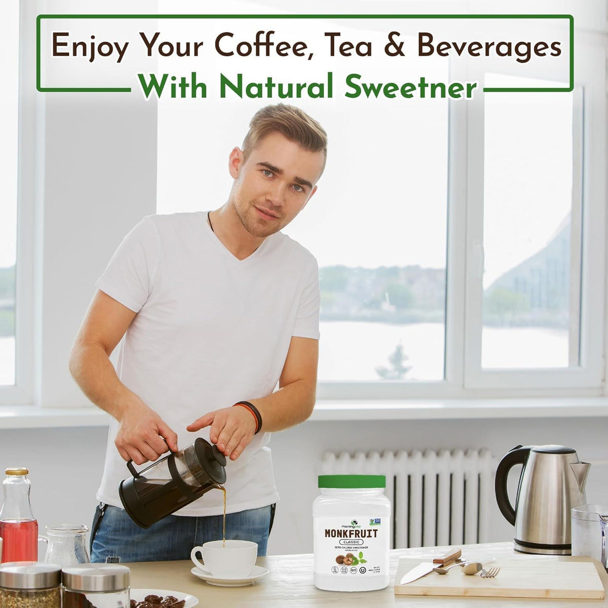 Morning Pep Monk Fruit Sweetener coffee cup demonstrates easy dissolve in hot drinks