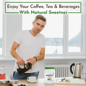 Morning Pep Monk Fruit Sweetener coffee cup demonstrates easy dissolve in hot drinks