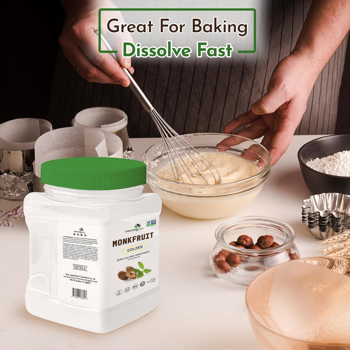 Morning Pep Monk Fruit Sweetener dissolves easily in hot coffee or tea.
