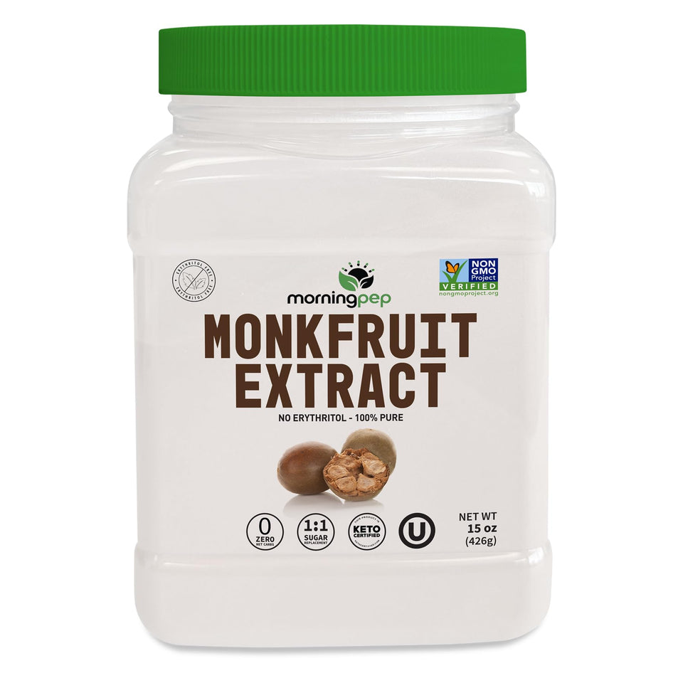 Morning Pep monk fruit sweetener jar 15oz showcasing pure, zero-calorie sweetness for beverages