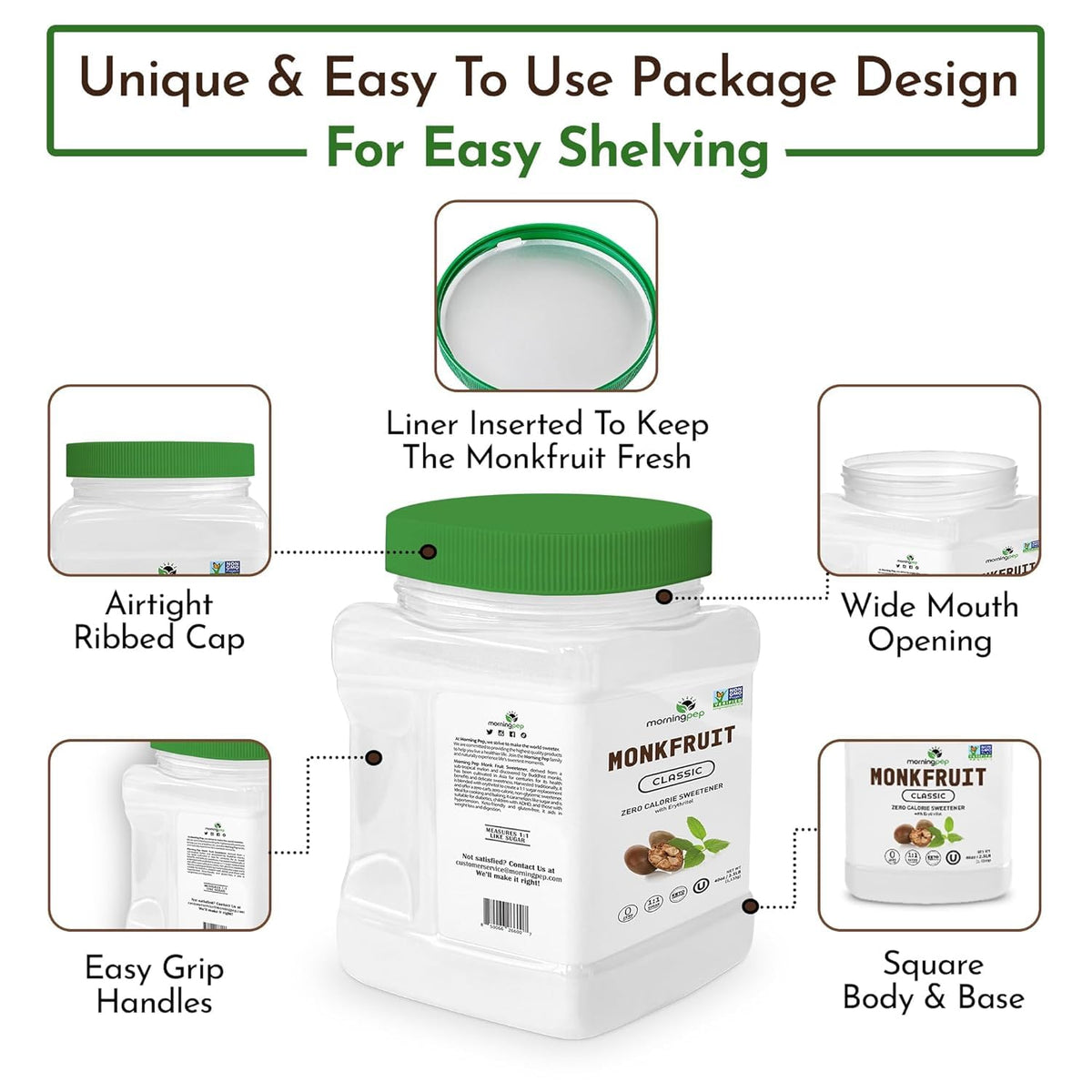 Morning Pep Monk Fruit Sweetener tea mug highlights zero calorie sweetness with natural monk fruit