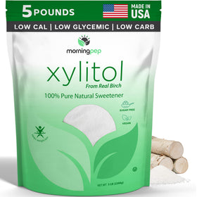 Morning Pep Pure Birch Xylitol bag shows a 5 lb packaging for everyday sweetness.