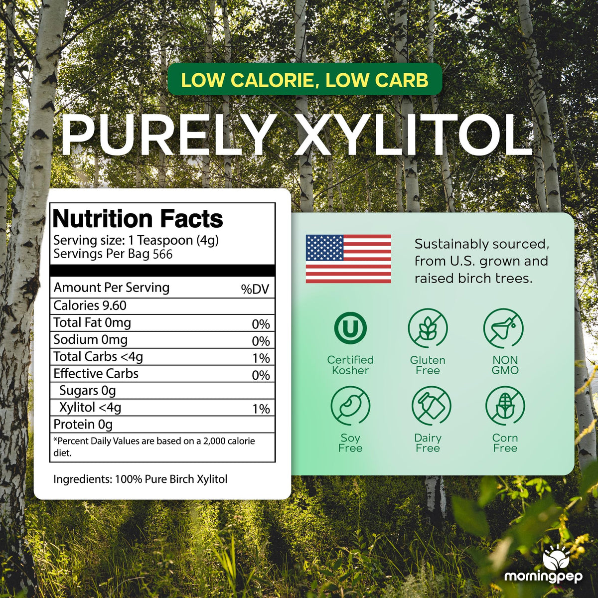 Morning Pep Birch Xylitol in a coffee mug sweetens without aftertaste.