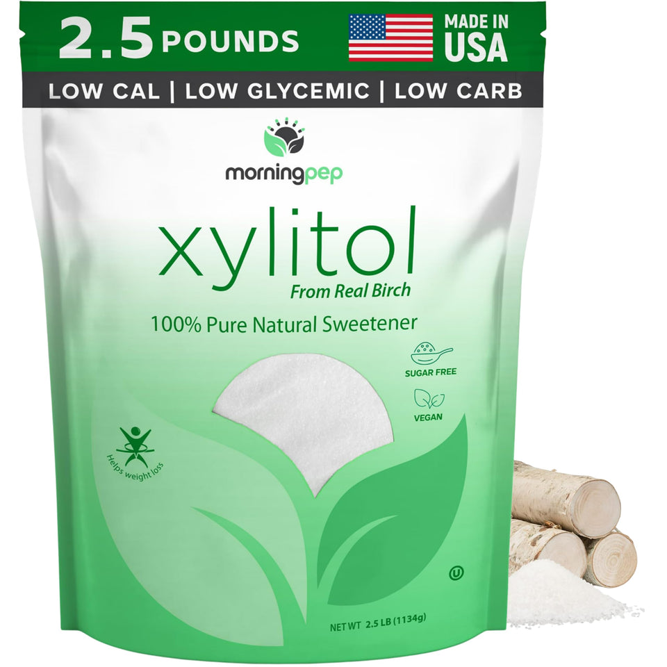 Morning Pep Pure Birch Xylitol jar label highlighting keto-friendly sweetness