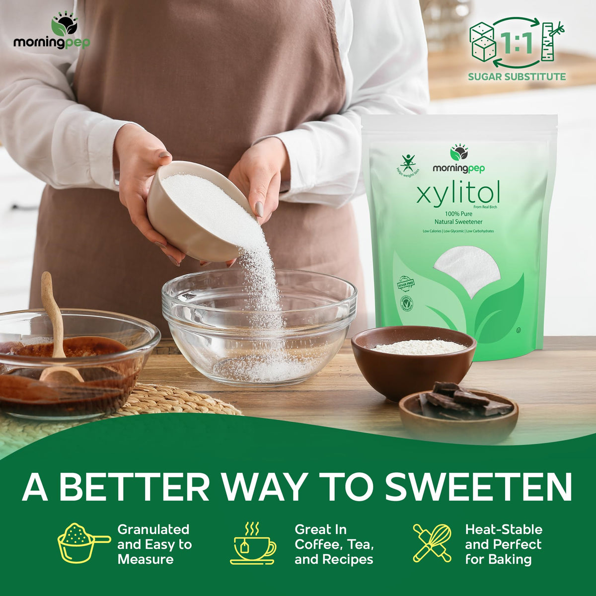 Morning Pep Birch Xylitol kitchen scene; keto-friendly sugar substitute.
