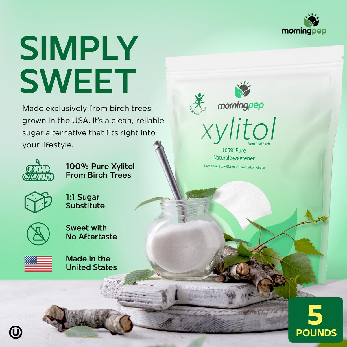 Morning Pep Birch Xylitol label close-up confirms USA-made, non-GMO quality.