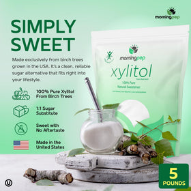 Morning Pep Birch Xylitol label close-up confirms USA-made, non-GMO quality.