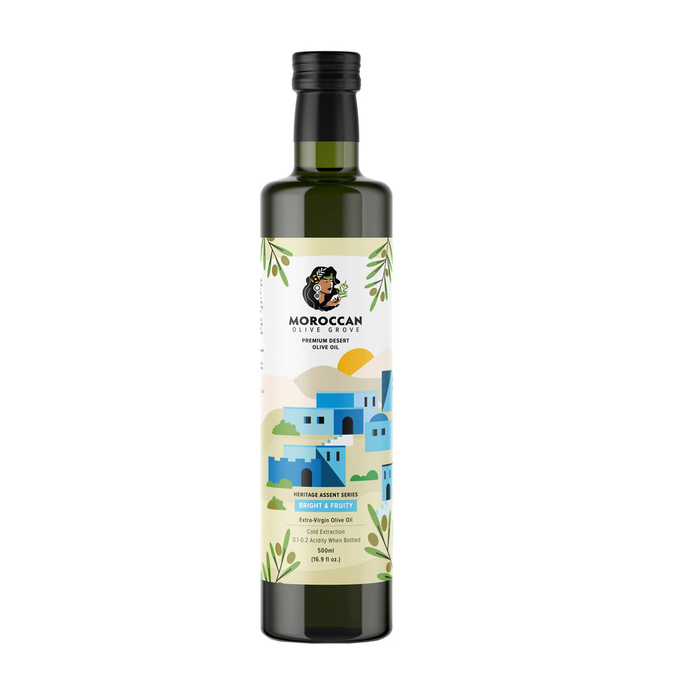 Moroccan Olive Grove desert olive oil bottle with bright fruity notes for salads
