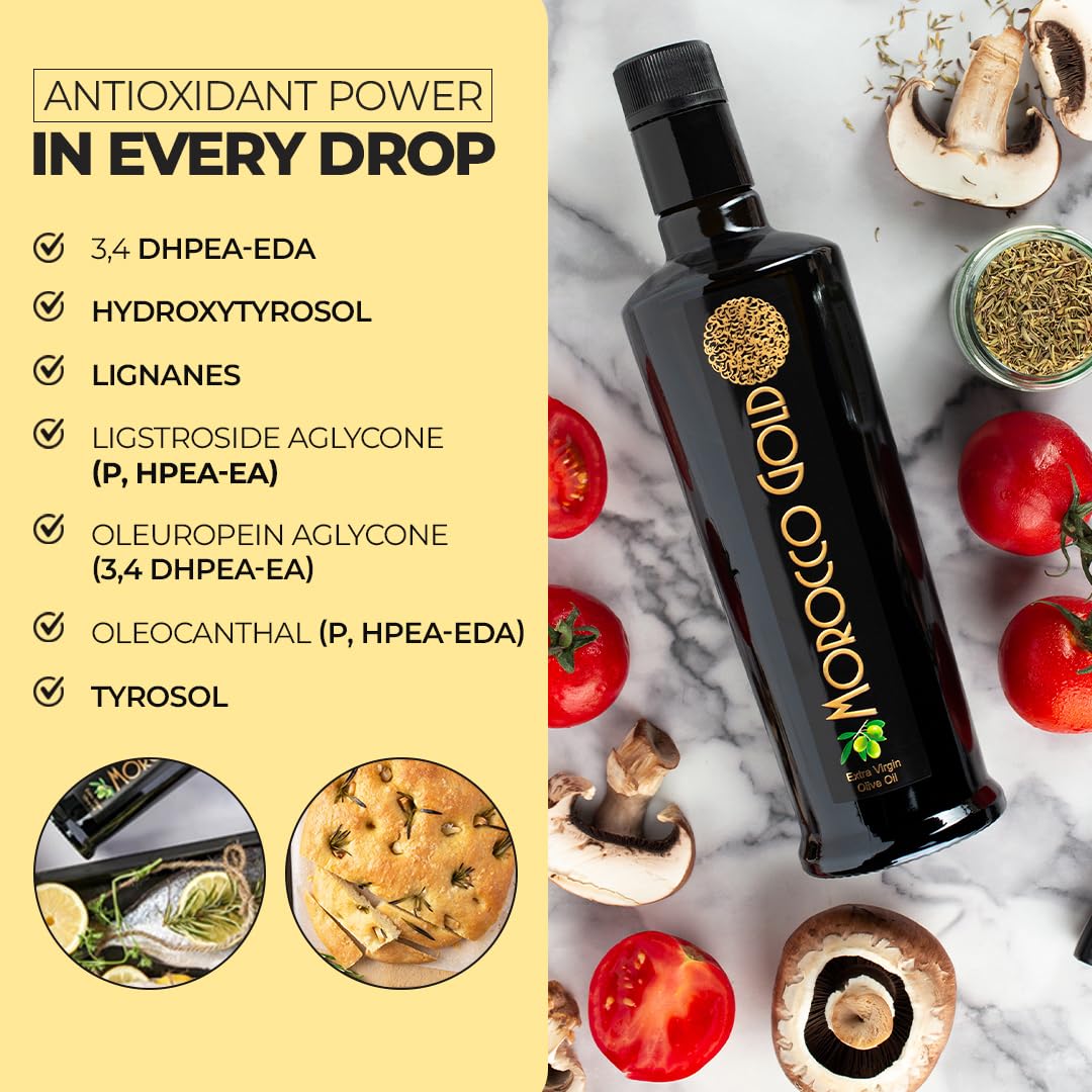Morocco Gold bottle label emphasizes polyphenol content and quality.