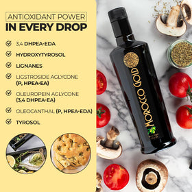 Morocco Gold bottle label emphasizes polyphenol content and quality.