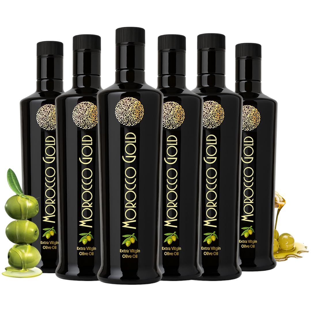 Morocco Gold Early Harvest bottle close-up highlighting polyphenol-rich oil.