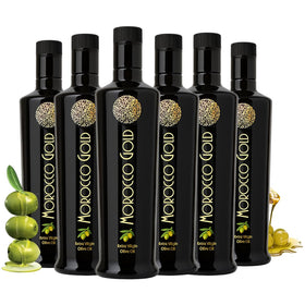 Morocco Gold Early Harvest bottle close-up highlighting polyphenol-rich oil.