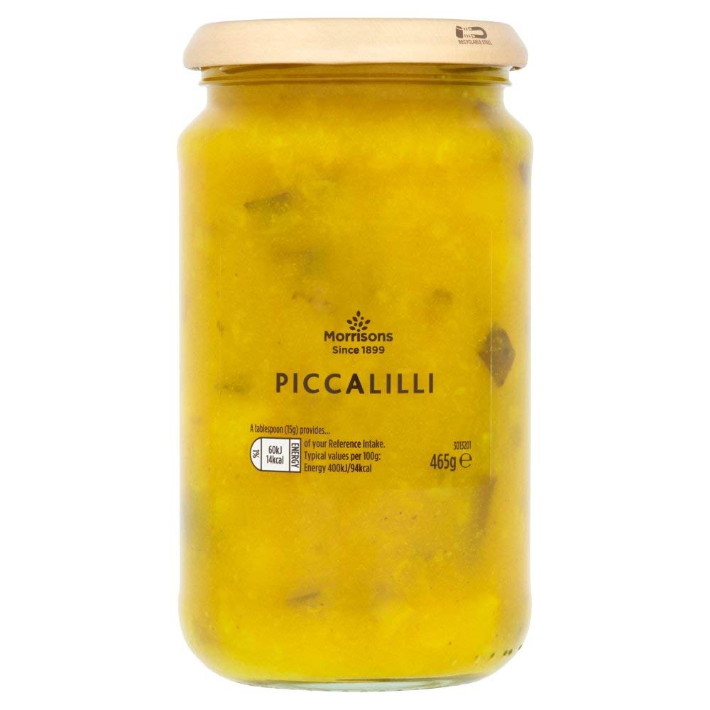 Morrisons Piccalilli 465g jar close-up showing the vibrant mustard relish and vegetables