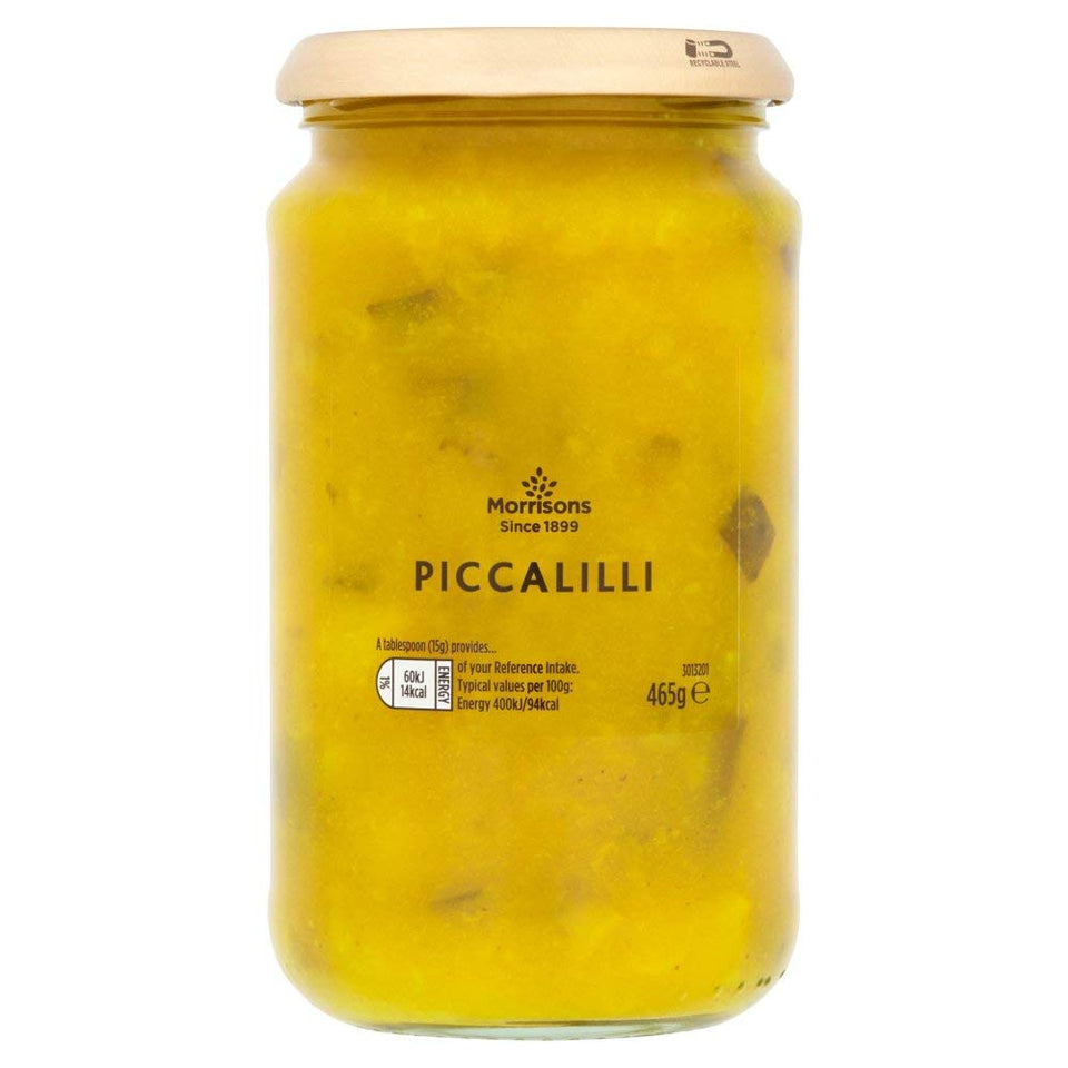 Morrisons Piccalilli 465g jar close-up showing the vibrant mustard relish and vegetables