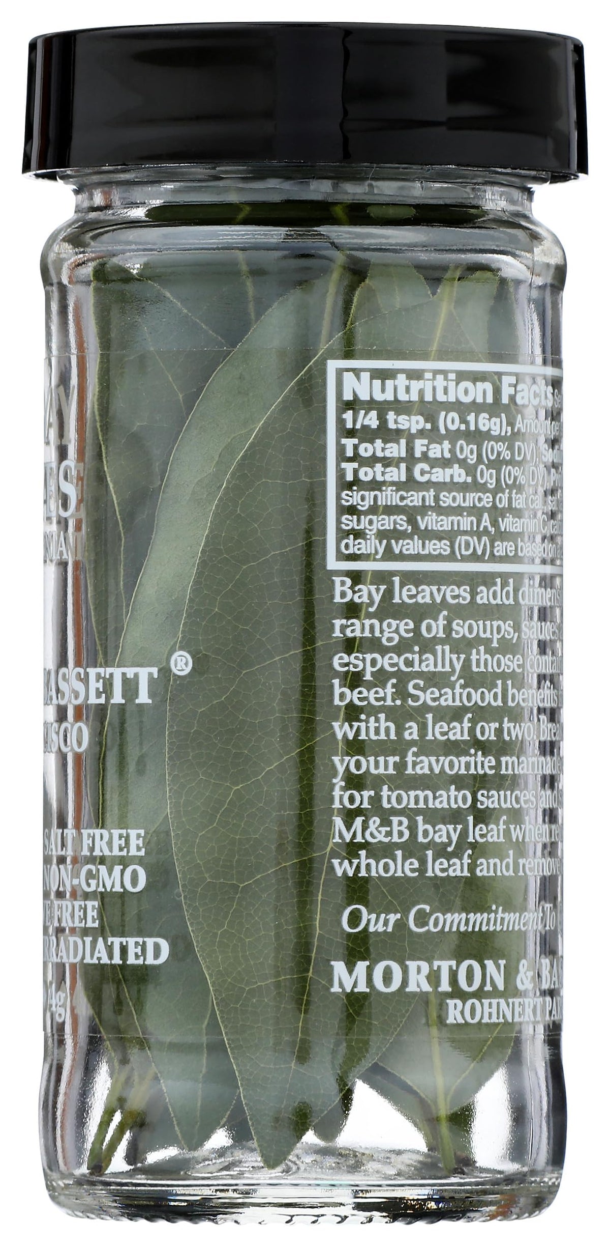 Morton & Bassett California Bay Leaves jar beside herbs for versatile cooking.