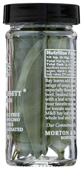 Morton & Bassett California Bay Leaves jar beside herbs for versatile cooking.