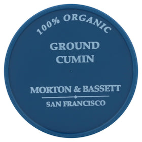 Morton & Bassett cumin label close-up highlighting organic and non GMO qualities.