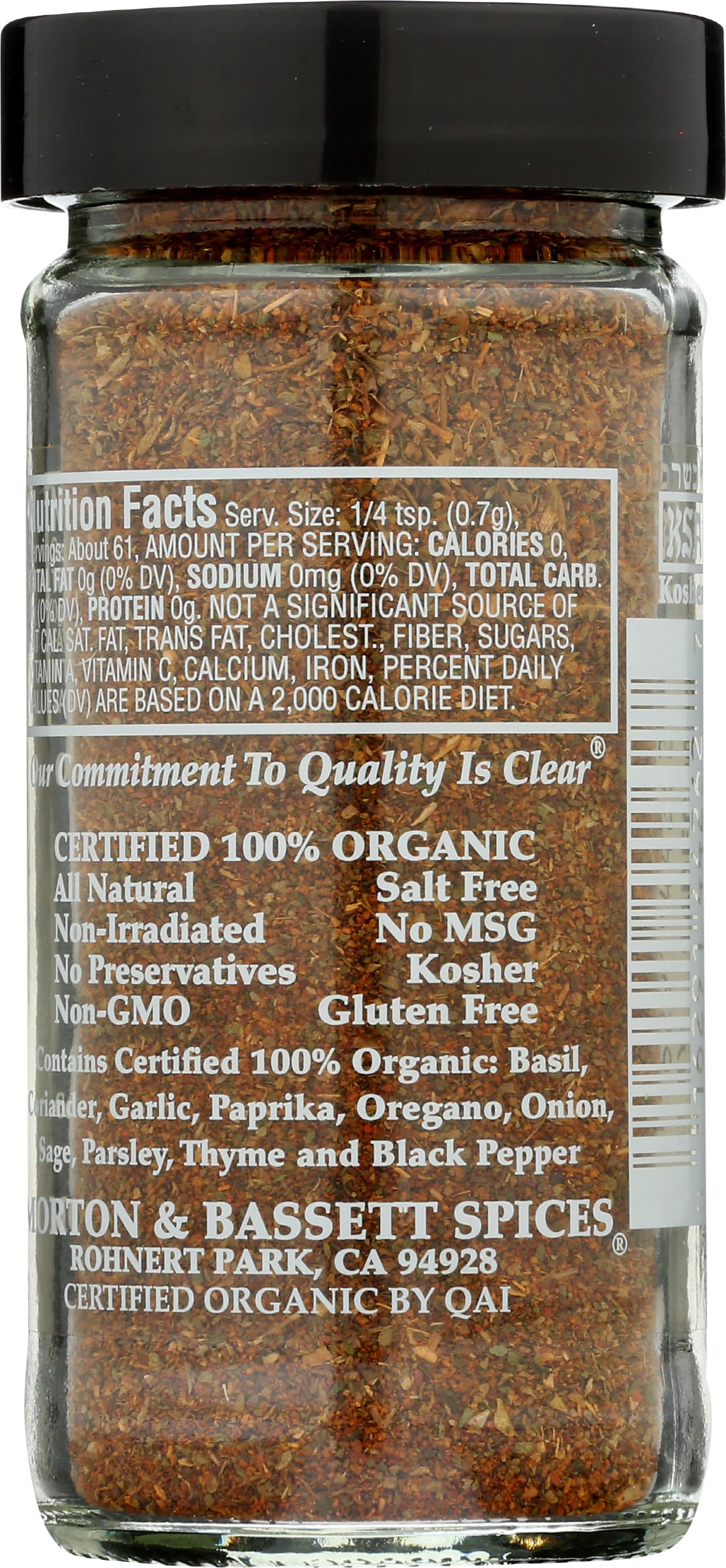 Close-up of Morton & Bassett seasoning jar showing an aromatic herb blend.