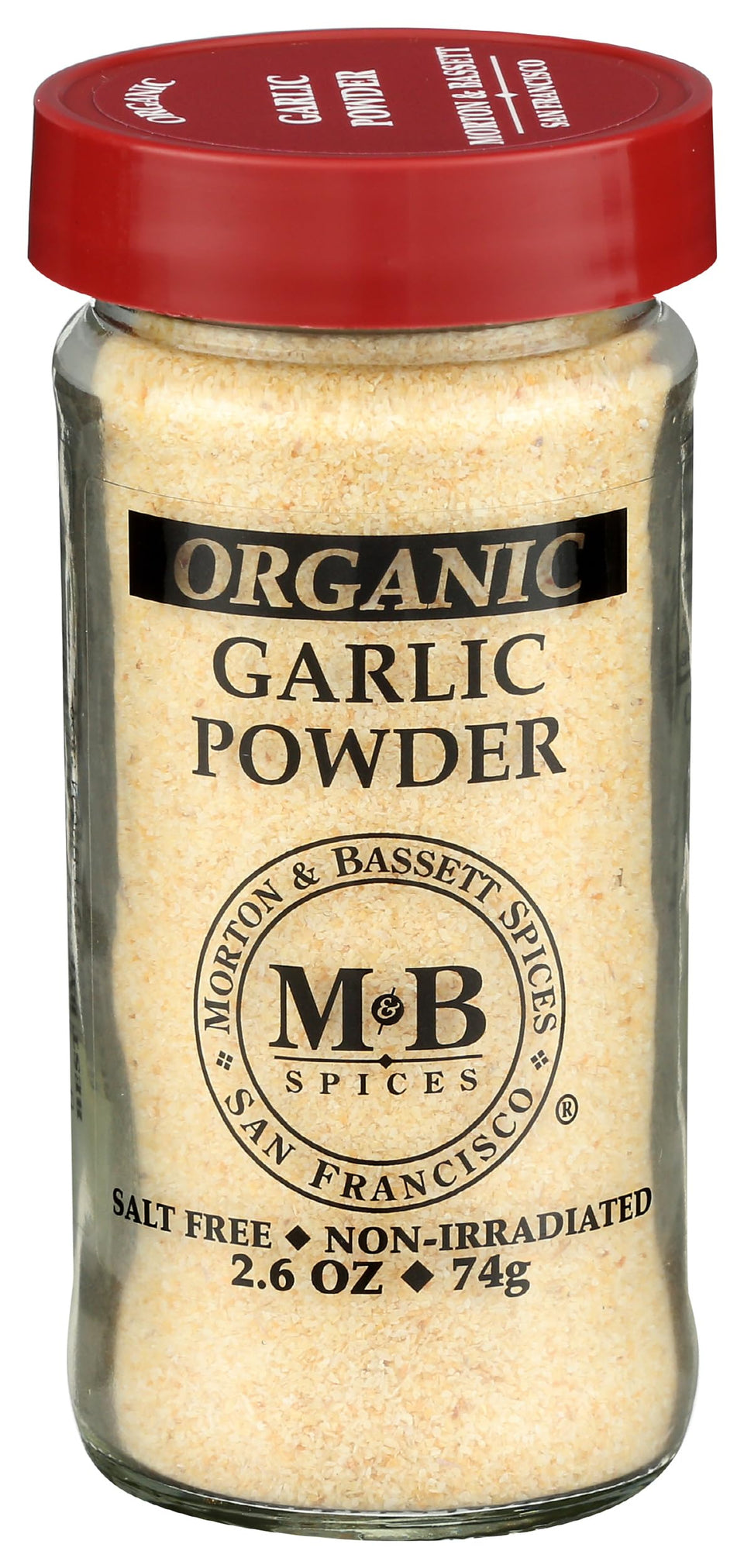 Morton & Bassett Organic Garlic Powder jar closeup highlighting pure aroma.