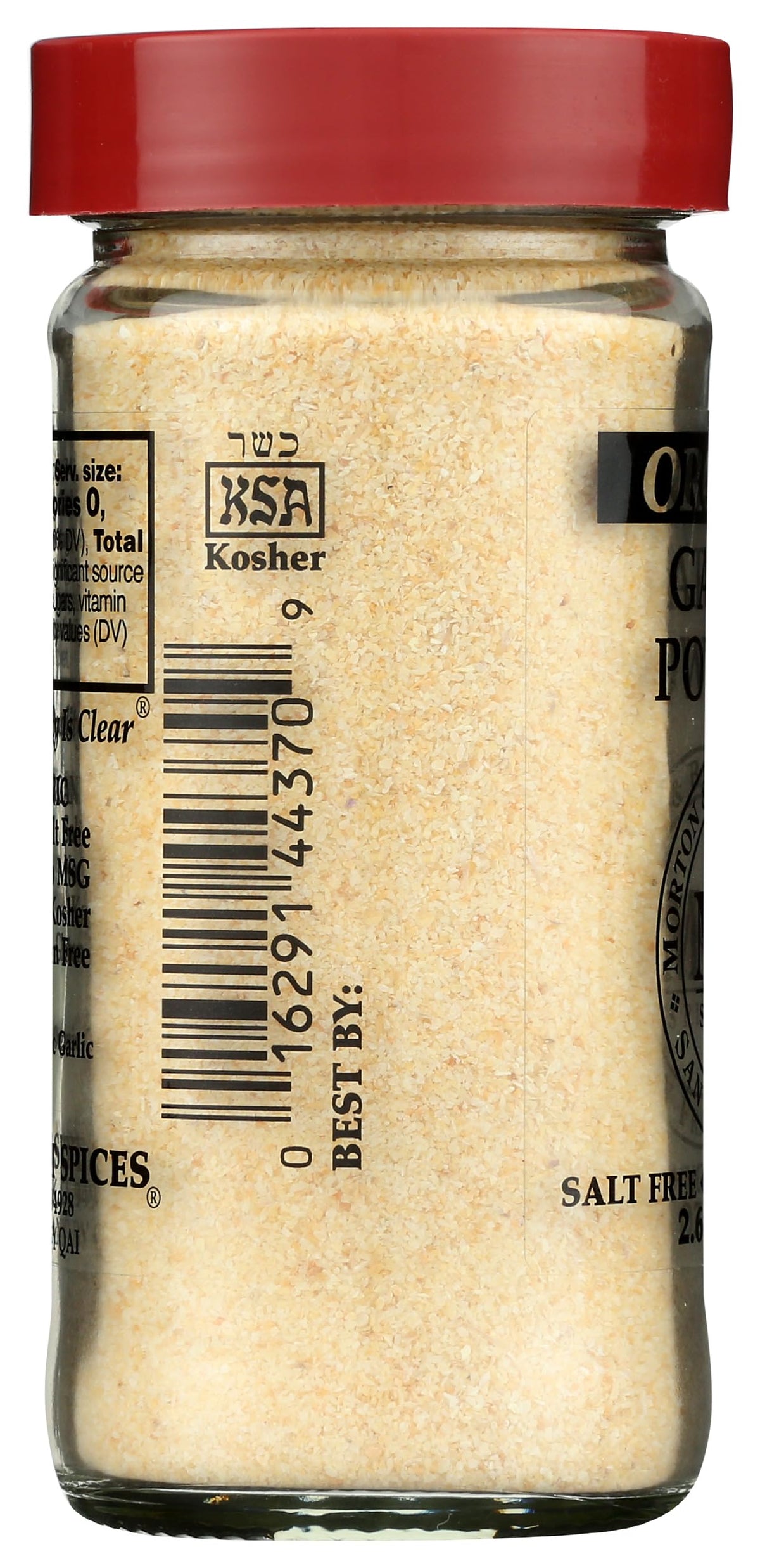 Morton & Bassett Organic Garlic Powder label closeup highlighting clean ingredients.