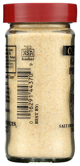 Morton & Bassett Organic Garlic Powder label closeup highlighting clean ingredients.